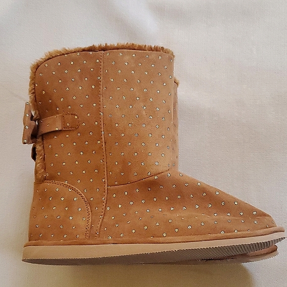 Crazy 8 Girls Golden Brown Faux Fur Lined Faux Suede Boots Glitter Dots Size 2 - Picture 8 of 13